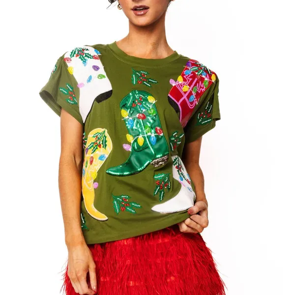 QUEEN OF SPARKLES xmas cowboy boot tee Green