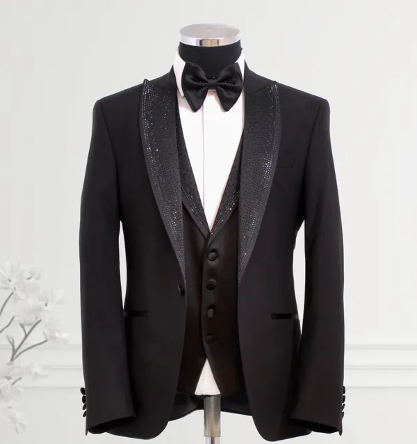 Masculini Black Embellished Lapel Tuxedo BLACK CR