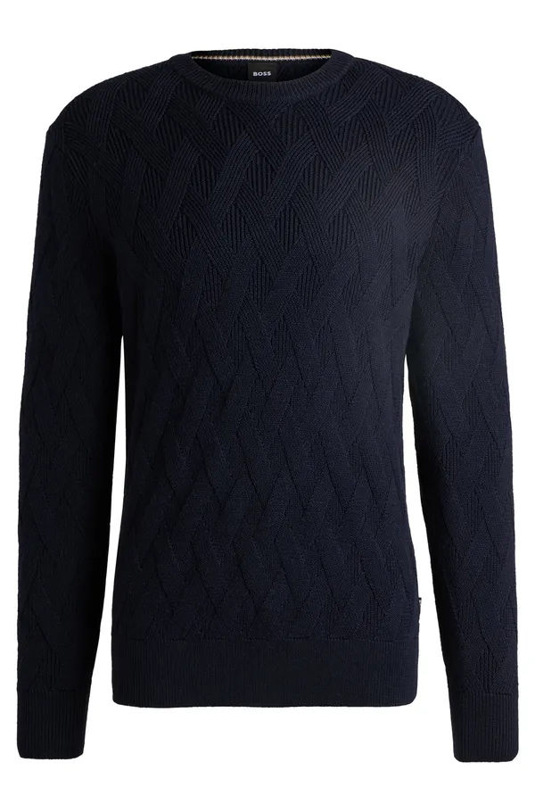 Hugo Boss Wool Regular-fit Sweater with Knitted Structure NAVY