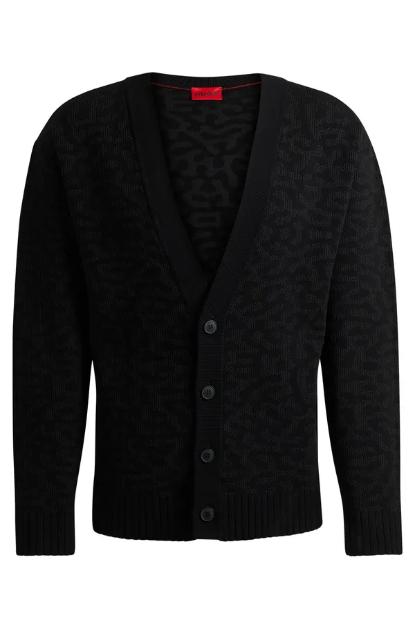 Hugo Boss V-Neck Cardigan with Animal-Pattern Jacquard BLACK