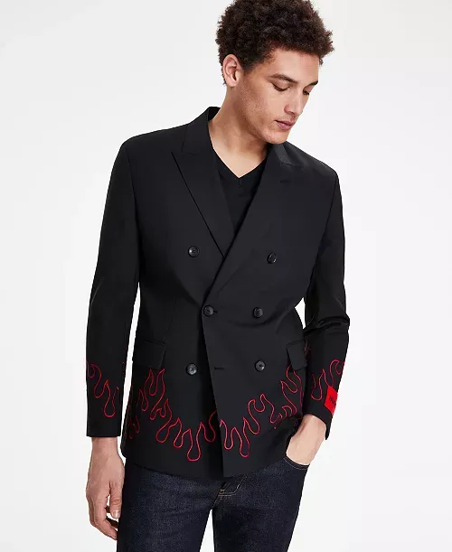 Hugo Boss Modern-fit double-breasted jacket with flame embroidery BLACK