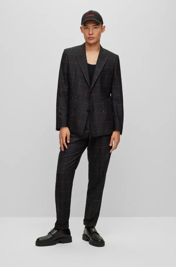 Hugo Boss Checked Virgin Wool Trousers Black and Red