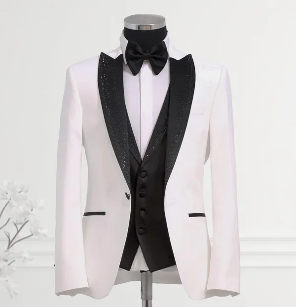 Masculini Formal Wear Embellished Lapel White Tuxedo WHITE