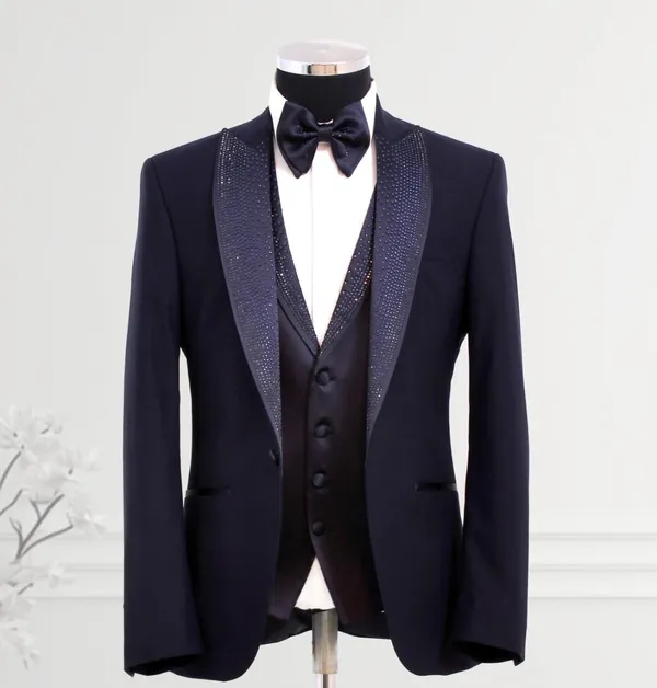 Masculini Formal Wear Embellished Lapel Navy Tuxedo NAVY