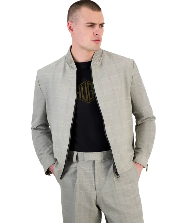Hugo Boss Modern-Fit Check Full-Zip Bomber Gray