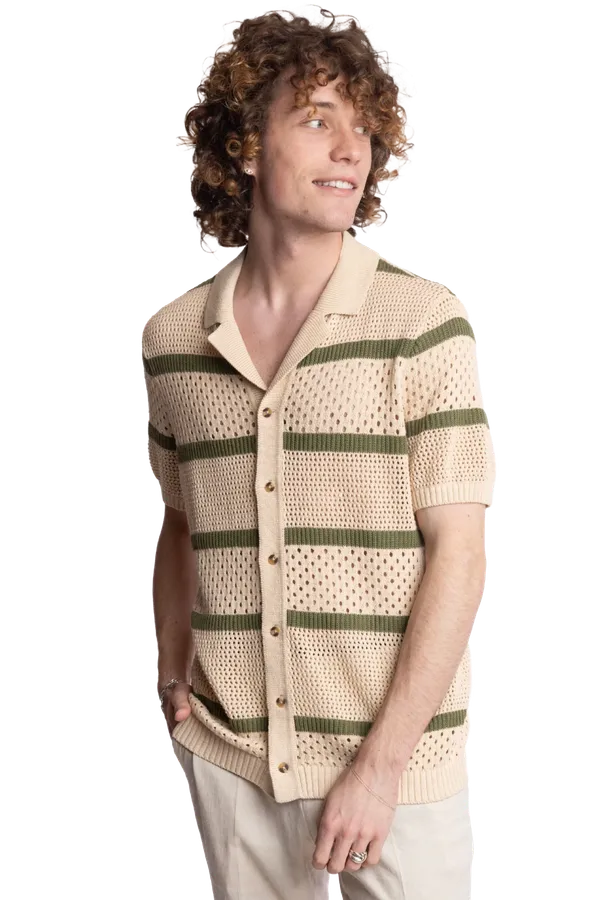 PAISLEY & GRAY Full Placket Crochet Polo tan/olive