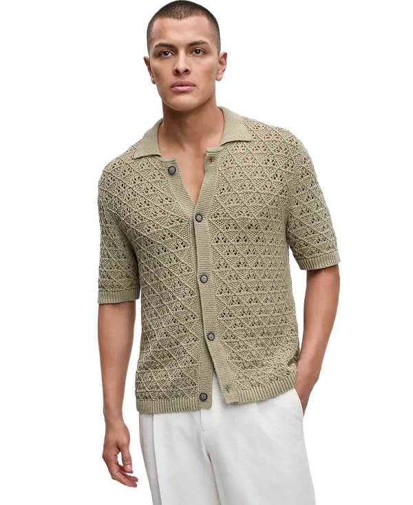 Hugo Boss Sommp Short Sleeve Knitted Textured Button-Front Shirt GREEN