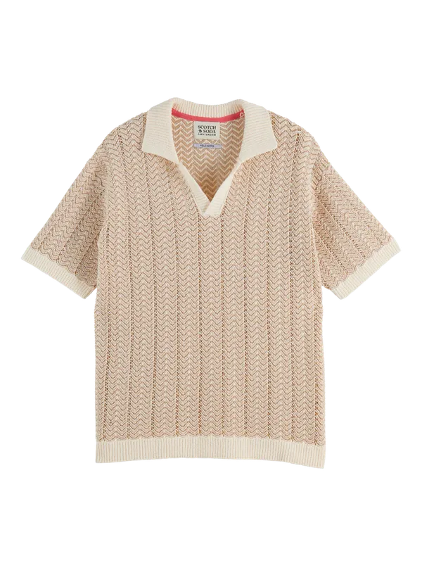 Scotch & Soda Open Structured Knitted V-Neck Polo Eggnog