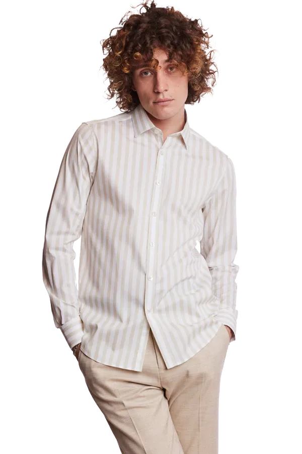 PAISLEY & GRAY Samuel Spread Collar Shirt Tan & White Wide Stripe