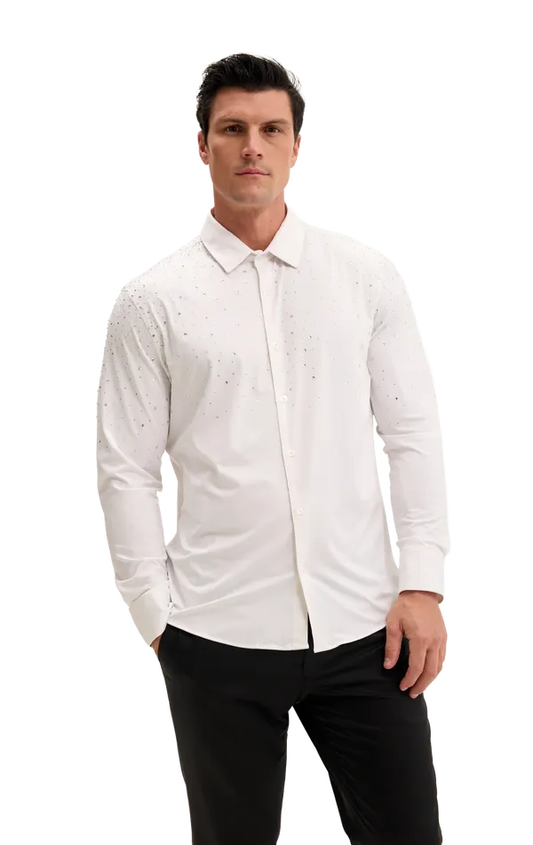 Ron Tomson Clothing White Crystal Embellished Tuxedo Shirt