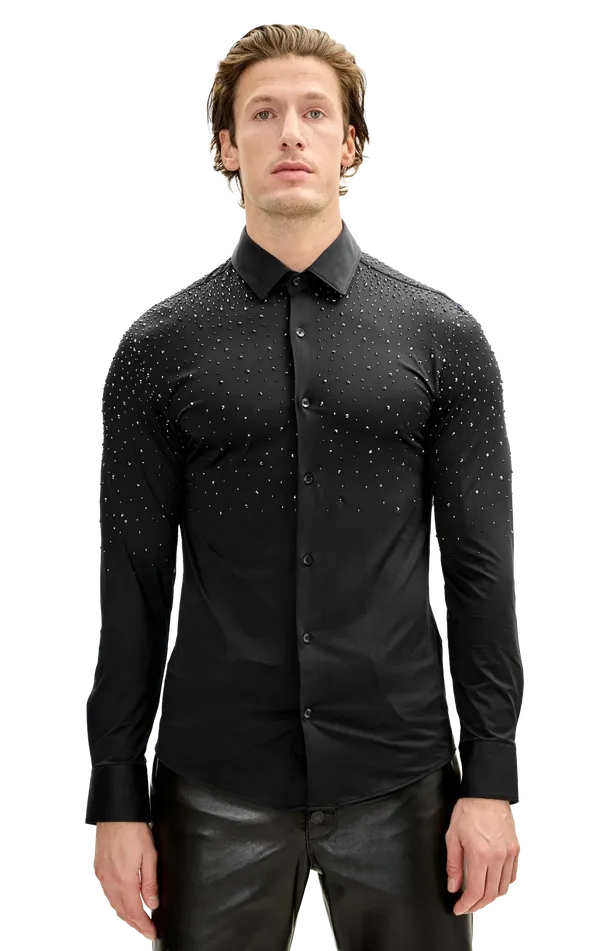 Ron Tomson Clothing Black Crystal Embellished Tuxedo Shirt