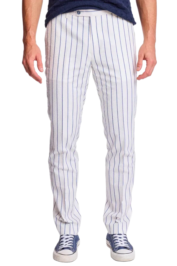 PAISLEY & GRAY Downing Pants - White Seersucker Blue Stripe Slim