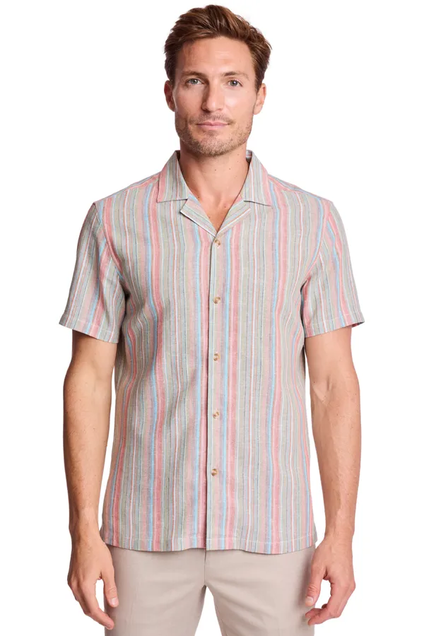 PAISLEY & GRAY S/S Camp Collar Shirt - Ocean Coral Stripe Ocean Coral