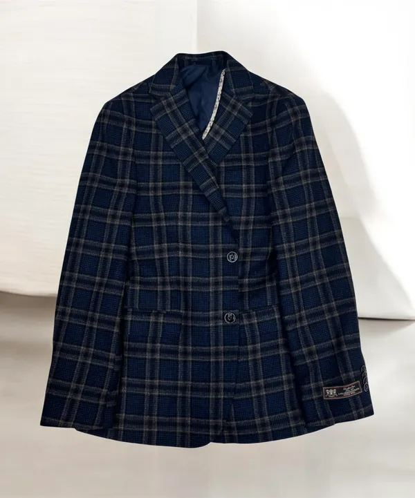 Masculini Plaid Print SportCoat- Blue/Beige BLUE/BEIGE