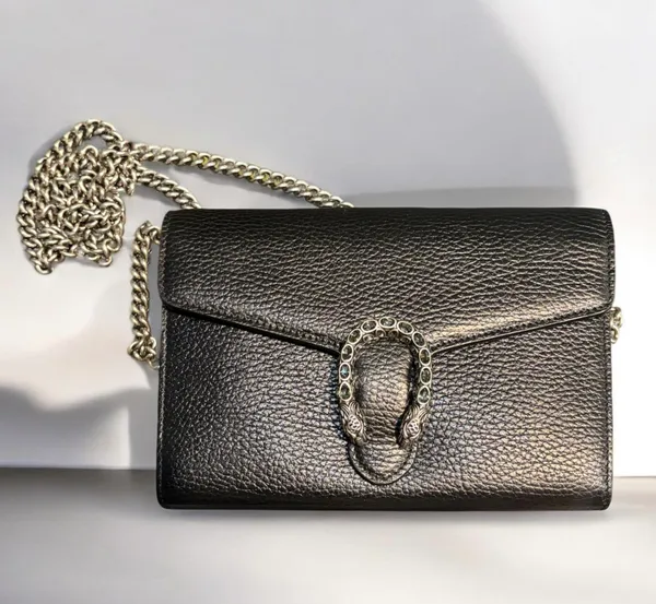 Designer Black Pebbled Leather Dionysus Mini Wallet on Chain Bag BLACK