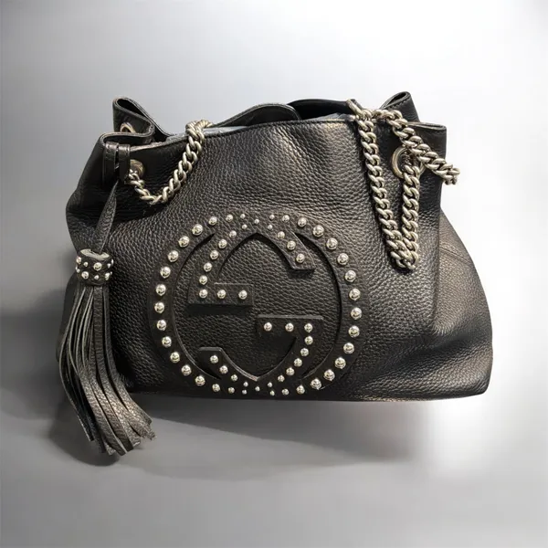 Designer Gucci Soho Chain-Strap Studded Leather Shoulder Bag- Black BLACK
