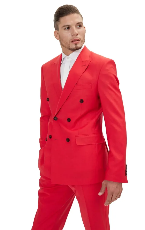 Ron Tomson Clothing Super 120S Merino Wool Double Breasted Suit - Valentine Red RED