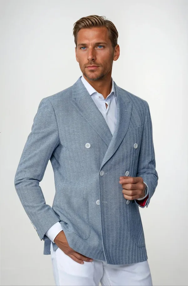 7 Downie St. Dorval Double Breasted Cotton Stretch Blazer- Blue BLUE
