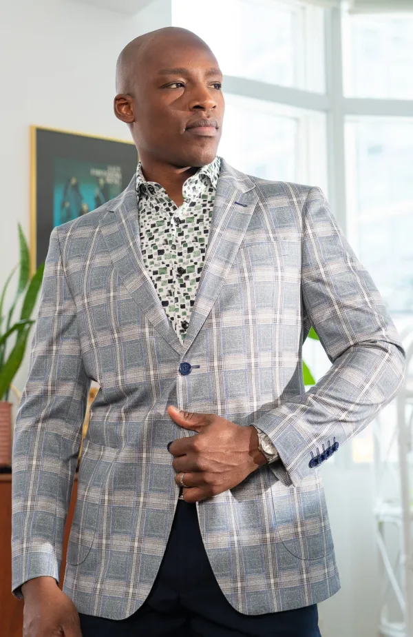 7 Downie St. Banff Plaid Sports Jacket Blazer- Grey GREY