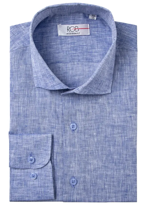 Bresciani Clothing Linen Long Sleeve Shirt- Medium Blue MEDIUM BLUE