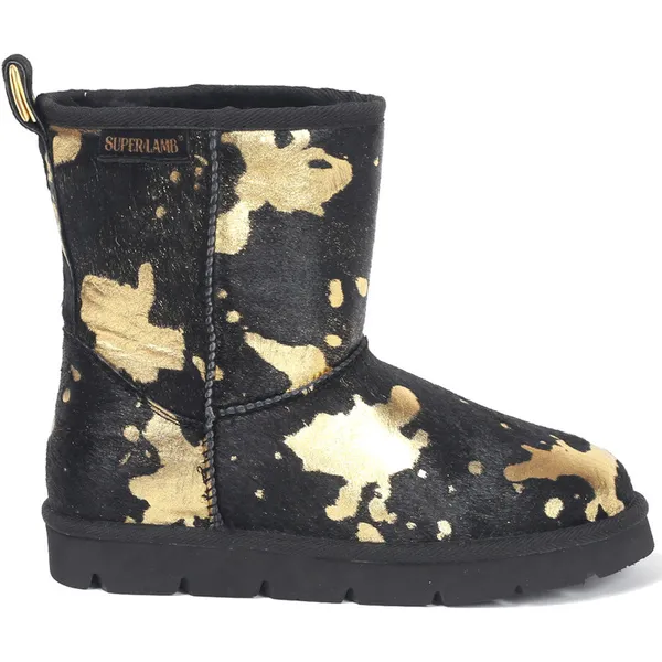 Superlamb Women's Turano 7.5 Etched Cow Print Black and Gold