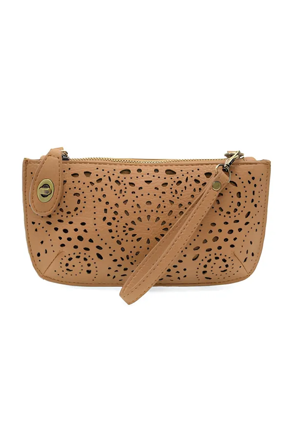 Joy Susan Lazer Cut Eyelet Mini Wristlet Crossbody Clutch Tan