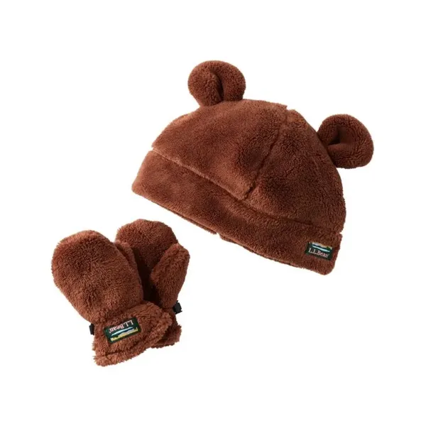 LL BEAN K's Hi-Pile Hat and Mitten Set DARK BARLEY